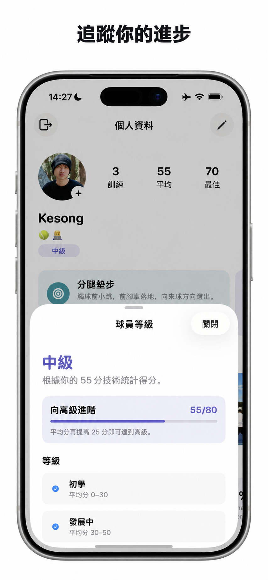 Cue 球員等級與進步紀錄